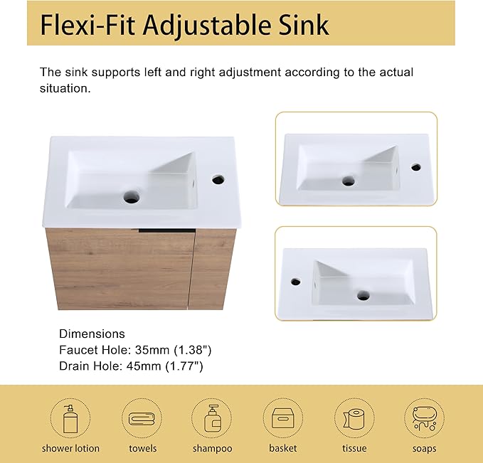 Malwee 22" Floating Bathroom Vanity with Sink, 22 Inch Single Sink Wall Mounted Bathroom Vanity, with 1 Door and White Ceramic Basin Top for Small Space, Plywood Cabinet Storage(002-22IMO)
