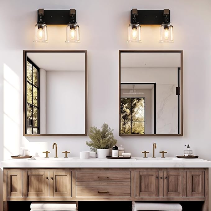Farmhouse Bathroom Light Fixtures, 2 Light Black Vanity Light, Industrial Style with Clear Glass Shades, Rustic Wood Bathroom Lighting Fixtures Over Mirror for Bedroom, Living Room