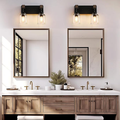Farmhouse Bathroom Light Fixtures, 2 Light Black Vanity Light, Industrial Style with Clear Glass Shades, Rustic Wood Bathroom Lighting Fixtures Over Mirror for Bedroom, Living Room