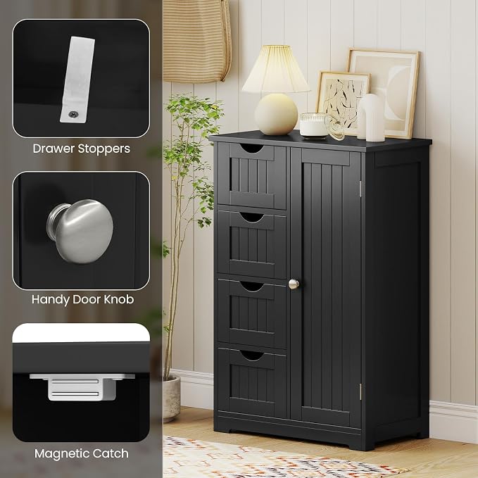 Giantex Bathroom Storage Cabinet with Drawers - 4 Drawer Storage Organizer w/Cupboard, Adjustable Shelf, Anti-Toppling Device, Entryway Storage Unit Console Table, Bathroom Floor Cabinet (Black)