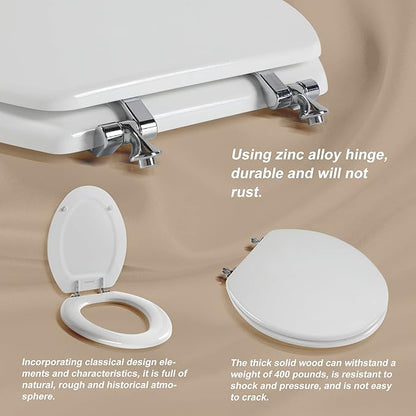Elongated White Toilet Seat Natural Wood Toilet Seat with Zinc Alloy Hinges, Easy to Install also Easy to Clean, Scratch Resistant by Angol Shiold (Elongated, White)