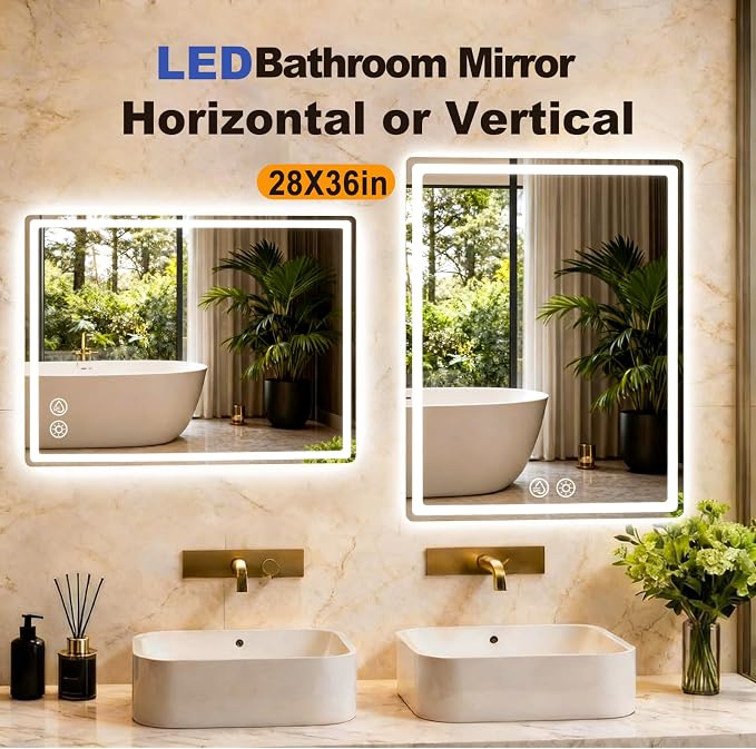 LTFUUAI 28"X36" LED Bathroom Mirror with Lights, Front & Back Light | Lighted Bathroom Mirror, Touch 3-Color Stepless Dimming, Wall Mounted, Anti-Fog Shatterproof, UL Listed(Horizontal/Vertical)