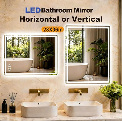 LTFUUAI 28"X36" LED Bathroom Mirror with Lights, Front & Back Light | Lighted Bathroom Mirror, Touch 3-Color Stepless Dimming, Wall Mounted, Anti-Fog Shatterproof, UL Listed(Horizontal/Vertical)