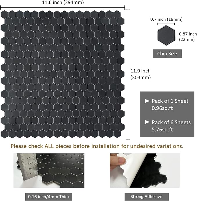 Hexagon Peel and Stick Backsplash, Self-Adhesive Aluminum Metal Surface Stick on Wall Tiles for Kitchen Bathroom Fireplace (6 Sheets, Gunmetal Gray)