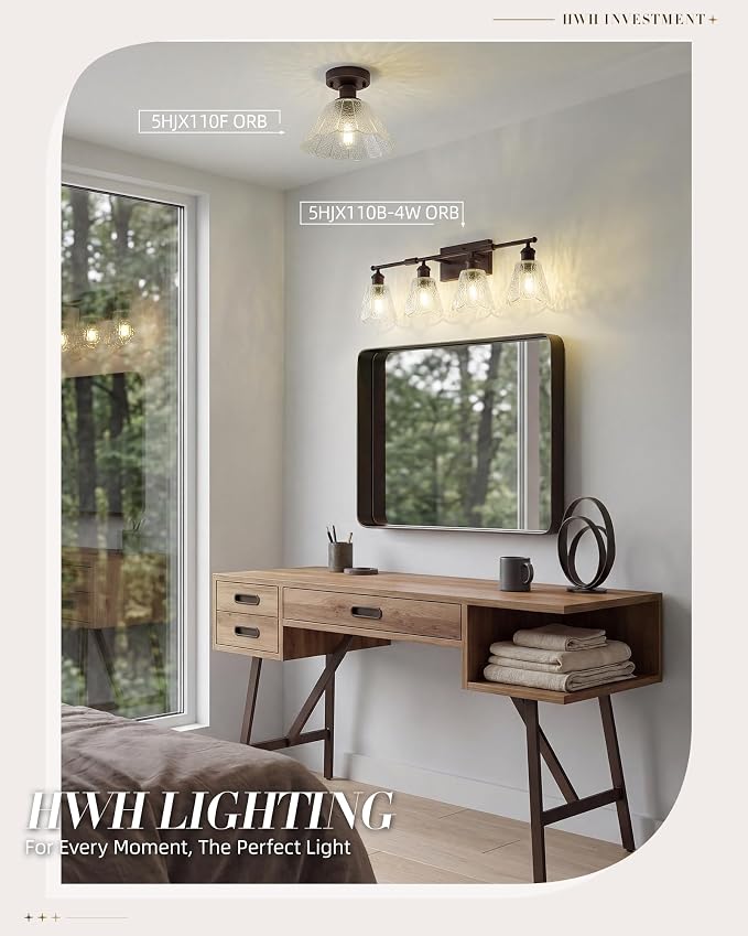 HWH 4-Light Bathroom Vanity Light, Clear Floral Glass, 5HJX110B-4W ORB | Oil-Rubbed Bronze Finish, Farmhouse, Wall Light Sconces for Bathroom, Bathroom Mirror Wall Light, Standard E26 Bulb Socket