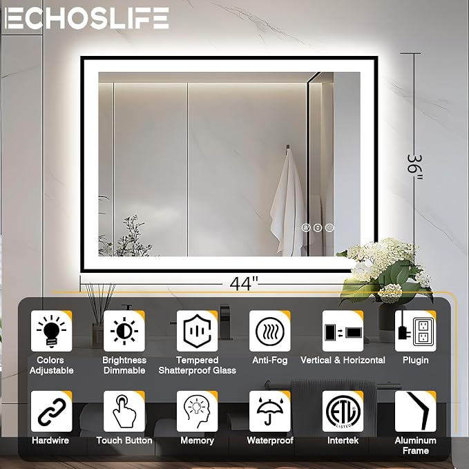 EchosLife 44x36 LED Light Mirror for Bathroom - Black Framed Mirror | Black Frame, Front and Backlit, Anti-Fog, Stepless Dimmable, 3 Colors, Memory, Tempered Glass, UL Listed, Horizontal/Vertical