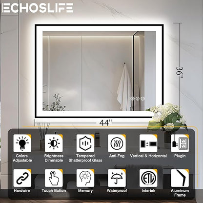 EchosLife 44x36 LED Light Mirror for Bathroom - Black Framed Mirror | Black Frame, Front and Backlit, Anti-Fog, Stepless Dimmable, 3 Colors, Memory, Tempered Glass, UL Listed, Horizontal/Vertical