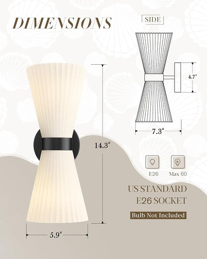 Modern Black Wall Sconce, HWH Up and Down Indoor Sconces Wall Lighting with Frosted Milk White Striped Glass Shade, Hardwired Wall Mounted Vanity Lamp for Bathroom, 5HZG97B-2W BK