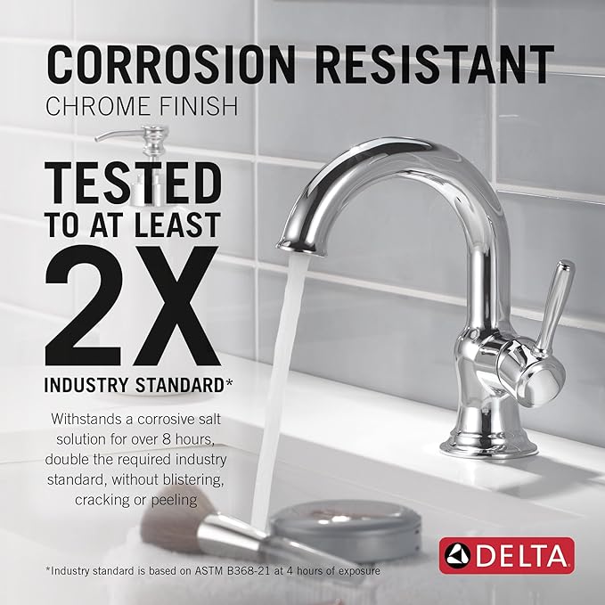 Delta Roe Chrome Bathroom Faucet 1 Hole, Single Hole Bathroom Sink Faucet for Vanity, Push-Pop Drain Assembly, Chrome 15985LF