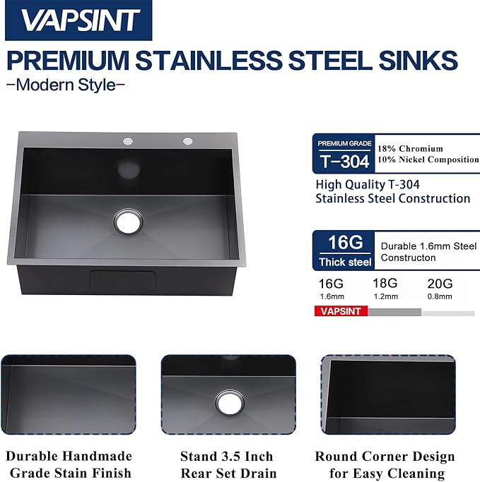 VAPSINT 28x18 Inch Black Drop In Kitchen Sink, 28 Inch Gunmetal Black Top Mount Extra-Thick Stainless Steel Single Bowl Sink RV Laundry Utility Prep Sink with Drain Strainer & Metal Grid