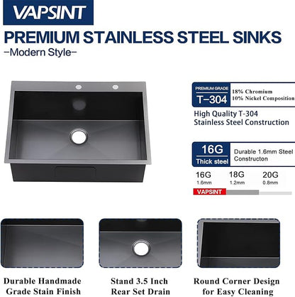 VAPSINT 28x18 Inch Black Drop In Kitchen Sink, 28 Inch Gunmetal Black Top Mount Extra-Thick Stainless Steel Single Bowl Sink RV Laundry Utility Prep Sink with Drain Strainer & Metal Grid