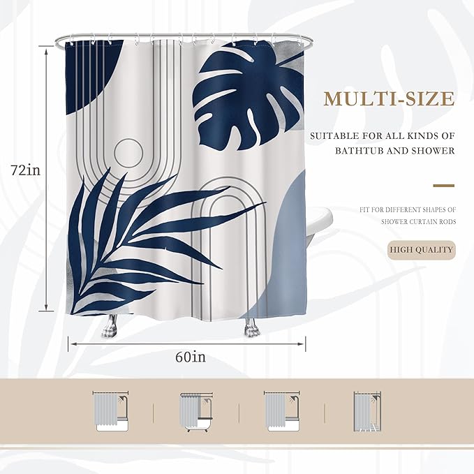 Glawry Abstract Shower Curtain Blue Grey Mid Century Geometric Boho Palm Leaf Sun Arch Botanical Simple Bathroom Modern Aesthetic 60Wx72L Inches Bath Accessories Art Home Decor Fabric 12 Hooks