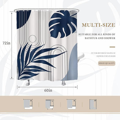 Glawry Abstract Shower Curtain Blue Grey Mid Century Geometric Boho Palm Leaf Sun Arch Botanical Simple Bathroom Modern Aesthetic 60Wx72L Inches Bath Accessories Art Home Decor Fabric 12 Hooks