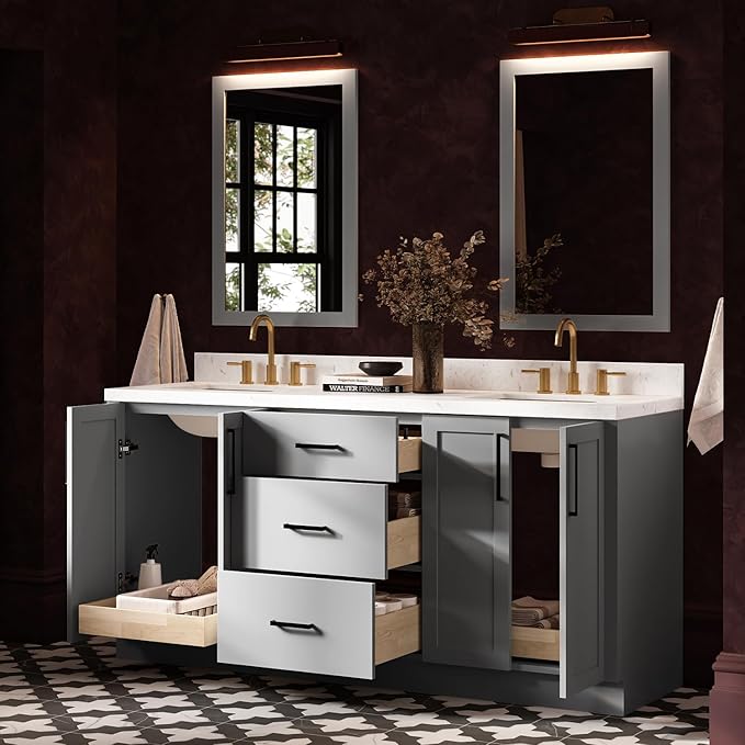ARIEL Loren 72-inch Bathroom Vanity with Sink,Solid Wood, 1.5-inch Carrara White Quartz Countertop, Double Rectangular Porcelain Sink, 4 Soft Closing Doors, 3 Dovetail Drawers, Grey