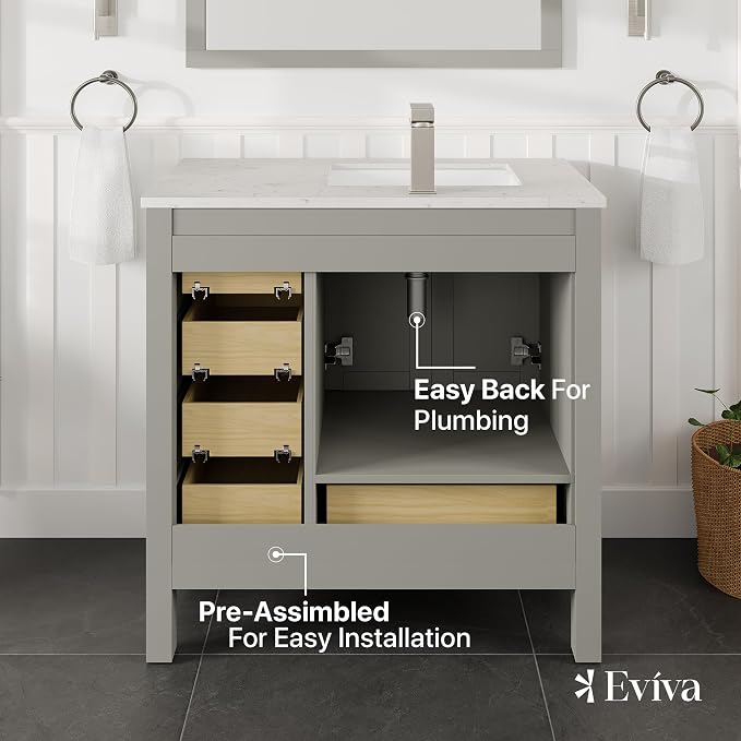 Eviva London 38 Inch Bathroom Vanity in Grey with Quartz Countertop and Porcelain Sink - 38" Single Sink Bathroom Vanity - 38 in Bathroom Vanities & Modern Bathroom Sink Cabinet for Storage and Style