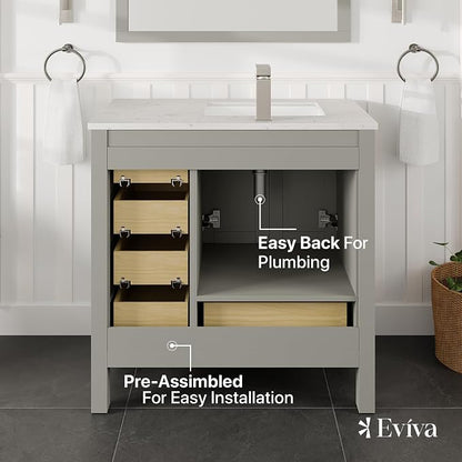 Eviva London 38 Inch Bathroom Vanity in Grey with Quartz Countertop and Porcelain Sink - 38" Single Sink Bathroom Vanity - 38 in Bathroom Vanities & Modern Bathroom Sink Cabinet for Storage and Style