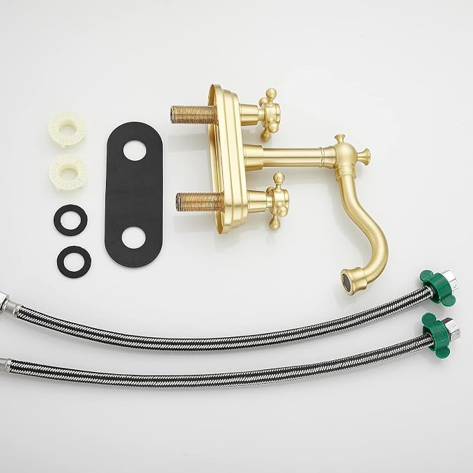 Bathroom Faucet Brushed Gold GGStudy 2 Handles 4 Inches Centerset Bathroom Vanity with Drain Assembly and Supply Hose Lavatory Mixer Double Handle Tap