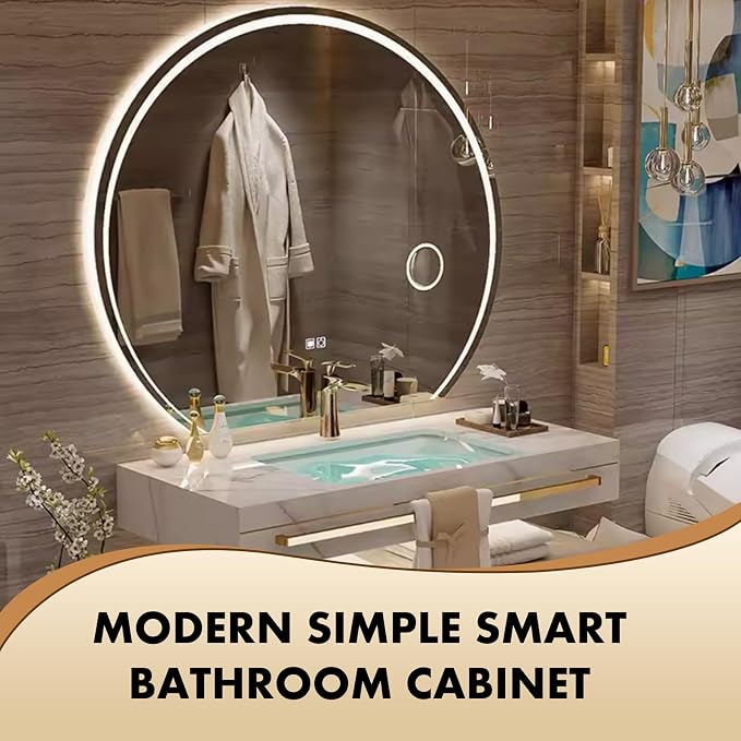 Floating Bathroom Vanity with Sink, Luxury Bathroom Vanity with LED Round Smart Defogger Mirror,Multilayer Solid Wood Spacious Storage Drawer Include Faucet and Drain Fittings,Single Sink(32")
