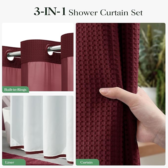 Burgundy Hook Free Waffle Shower Curtain & Snap Fabric Liner,72x99 | Less Time to install, 3 in 1 Fabric Shower Curtain and Liner Set with Magnets, Extra Long, Shower Curtains for Bathroom