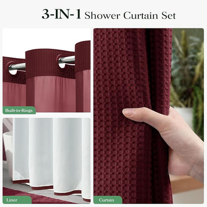 Burgundy Hook Free Waffle Shower Curtain & Snap Fabric Liner,72x81 | Less Time to install, 3 in 1 Fabric Shower Curtain and Liner Set with Magnets, Long, Shower Curtains for Bathroom