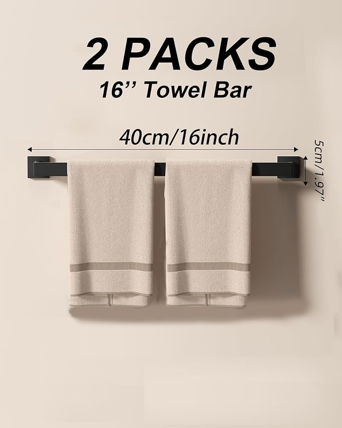 10-Piece Matte Black Bathroom Hardware Set with 16'' Towel Bar, Wall Mounted Bathroom Accessories Kit with 16" Towel Bar ×2, Toilet Paper Holders×2, Towel Rings×2, Robe Hooks×4
