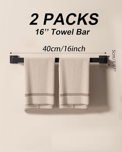 10-Piece Matte Black Bathroom Hardware Set with 16'' Towel Bar, Wall Mounted Bathroom Accessories Kit with 16" Towel Bar ×2, Toilet Paper Holders×2, Towel Rings×2, Robe Hooks×4
