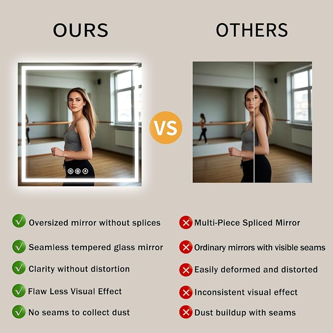 Koonmi 47x47 LED Bathroom Mirror with Light, Anti-Fog, 3 Colors | Backlit + Front Lit, Dimmable Brightness, Shatterproof HD Distortion-Free Tempered Glass, Hardware Included