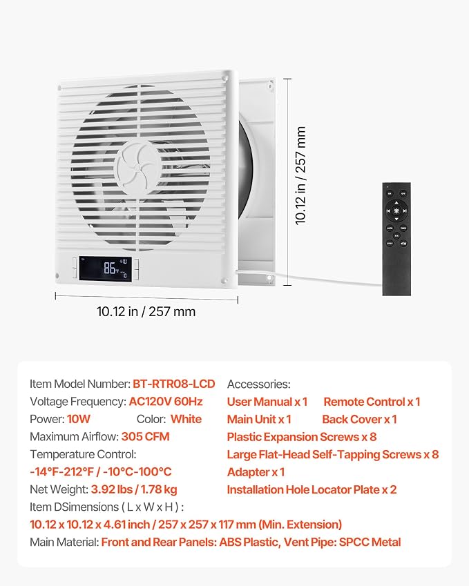 VEVOR Room to Room Fan, Two-Way Airflow Through-the-Wall Fan 8" with Remote, Temperature Control, 305 CFM 10-Speed Ventilation Quiet Vent for Bathroom, Laundry Room and Indoor