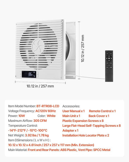 VEVOR Room to Room Fan, Two-Way Airflow Through-the-Wall Fan 8" with Remote, Temperature Control, 305 CFM 10-Speed Ventilation Quiet Vent for Bathroom, Laundry Room and Indoor