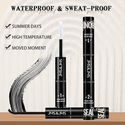 JMS&JMS Lash Bond and Seal Waterproof Lash Cluster Glue, 5ml+5ml Set | 2in1 Glue and Seal Double Hold Power! Latex-Free for Sensitive Eyes, Waterproof to All Day. Black Glue Easy to Apply