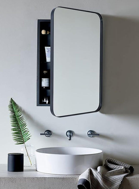 Matt Black Rectangle Recessed Bathroom Medicine Cabinet with Mirror Stainless Steel Metal Framed Rounded Rectangular Bathroom Cabinet with Mirror 20x30''