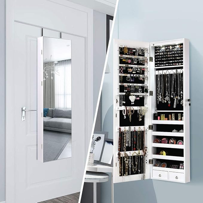Giantex Wall Door Mounted Jewelry Armoire Cabinet with 47.5" Full Length Mirror, 2 LEDs Lockable Jewelry Organizers and Storage with 2 Drawers, Over the Door Jewelry Organizer Cabinet (White)