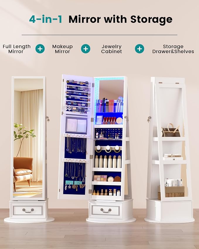 Vlsrka Mirror Jewelry Cabinet Standing with Lights, Lockable, Swivel, White | Standing Jewelry Armoire with Full Length Mirror, Large Jewelry Organizer Storage with Foldable Makeup Shelf, 3 LED Lights