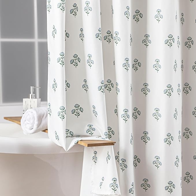 Blue and Green Boho Vintage Floral Shower Curtain for Bathroom,Modern Farmhouse Light Blue and White Block Print Botanical Waterproof Cloth Fabric Shower Curtain Set with Hooks,72x72 Inch