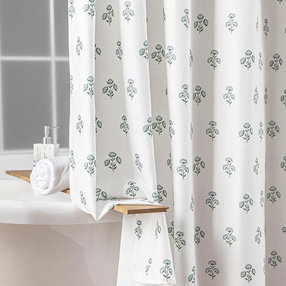 Blue and Green Boho Vintage Floral Shower Curtain for Bathroom,Modern Farmhouse Light Blue and White Block Print Botanical Waterproof Cloth Fabric Shower Curtain Set with Hooks,72x72 Inch