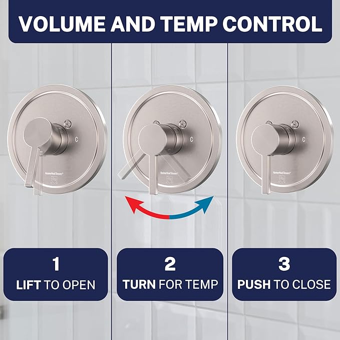 HammerHead Showers Solid Metal Single-Handle Trim Kit with Rough-In Shower Valve, Volume and Temperature Control, Pressure Balance, Brushed Nickel