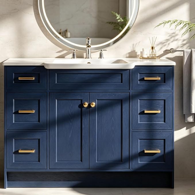 Blue Bathroom Vanity with Sink 48inch | 2 Doors and 6 Drawers | Wood Storage Basin Cabinet with Ceramic Basin for Home and Office