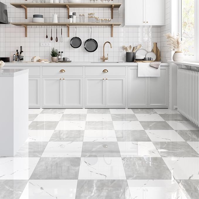 30-Pack 30 Sq.Ft Peel and Stick Floor Tiles Vinyl Matte Pattern Flooring, 12” x 12” Self Adhesive Vinyl Flooring DIY for Kitchen, Bathroom, Laundry, Light Grey&White Marble