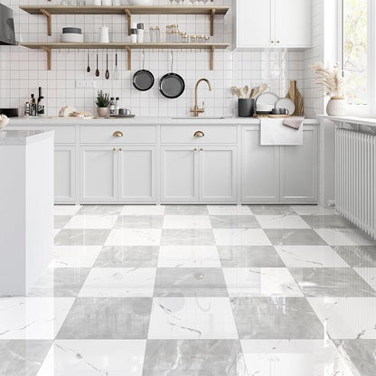30-Pack 30 Sq.Ft Peel and Stick Floor Tiles Vinyl Matte Pattern Flooring, 12” x 12” Self Adhesive Vinyl Flooring DIY for Kitchen, Bathroom, Laundry, Light Grey&White Marble
