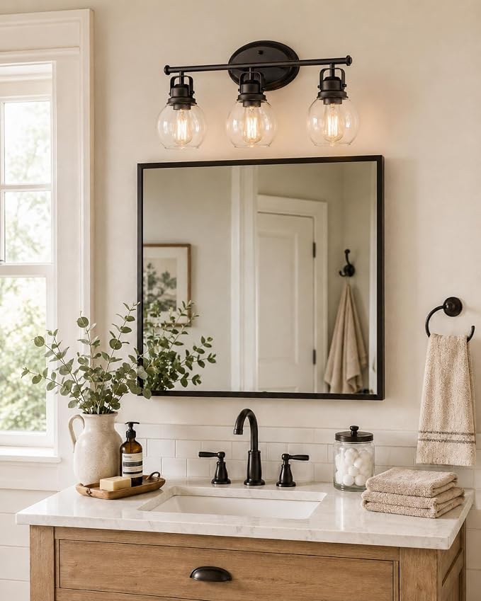 3-Light Farmhouse Bathroom Vanity Light Over Mirror | Oil Rubbed Bronze Vanity Lighting Fixture with Globe Clear Glass, Metal Frame, Wall Mounted, AD-2148-3W