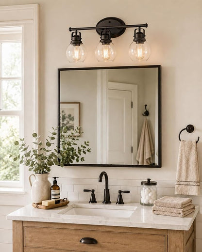 3-Light Farmhouse Bathroom Vanity Light Over Mirror | Oil Rubbed Bronze Vanity Lighting Fixture with Globe Clear Glass, Metal Frame, Wall Mounted, AD-2148-3W