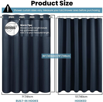 SORTTO No Hook Shower Curtain with Snap in Liner Set Waffle Shower Curtain for Bathroom Hotel Style Fabric Waterproof Inner Liner，71" W x 80" H, Navy Blue