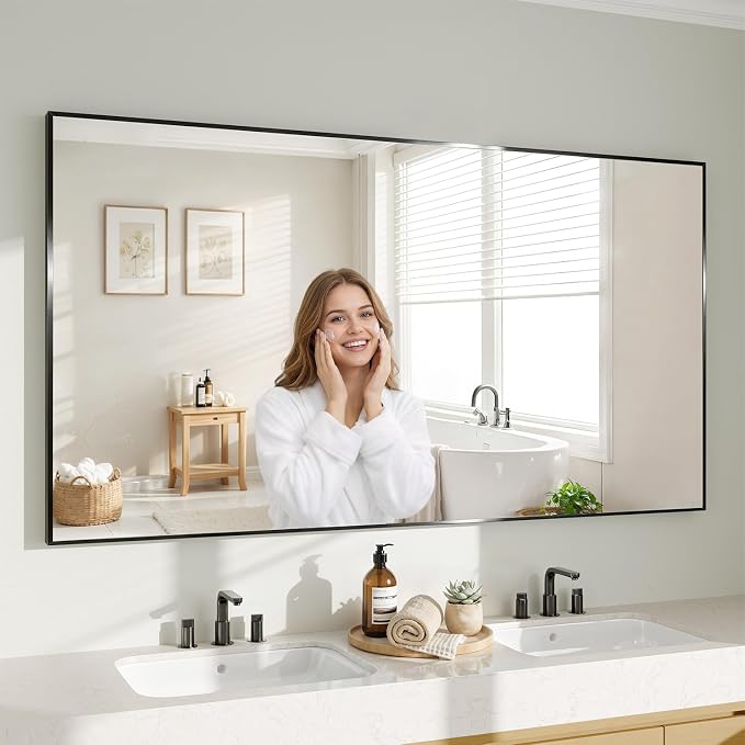 Koonmi Black Rectangle Wall Mirror, 36x55 Inch Bathroom Mirror, Aluminum Frame Vanity Mirror for Entryway, Living Room, Bedroom Bathroom, Hangs Horizontally or Vertically