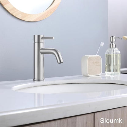 Bathroom Faucet Brushed Nickel Modern Bathroom Sink Faucet with Single Handle Suitable for 1 or 3 Holes, Supply Deck Plate and Hose