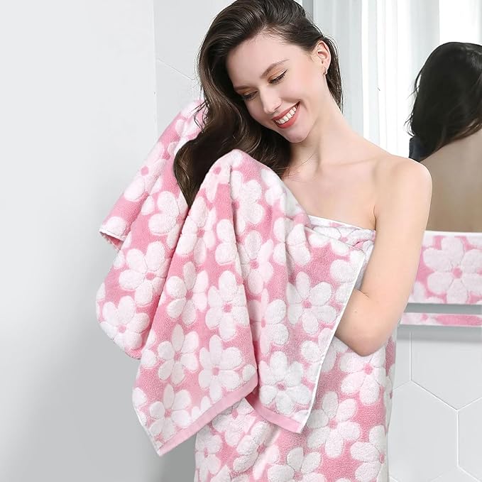 Pink Bath Towels Set of 2, Super Absorbent & Decorative 27.5x55 Inches | Cute Floral Jacquard Shower Towel for Bathroom Decor, Beach, Cotton