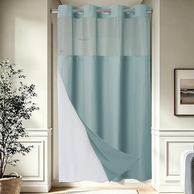 EUTXL Heavyweight Fog Blue Stall No Hook Shower Curtain with Snap in Liner,256GSM Waffle Weave Shower Curtains for Bathroom,54W x 80H