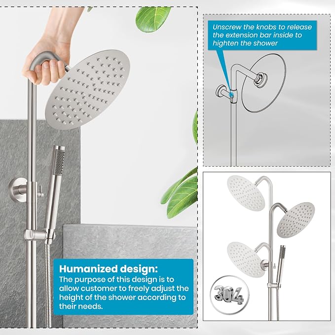 gotonovo 304 Stainless Steel Outdoor Shower Fixtures Exposed,Brushed Nickel | 8 Inch Rain Showerhead with Handheld Sprayer Outdoor Outside Shower Kit System Faucet Head Valve Wall Mount for Pool Backyard