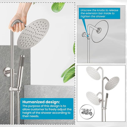 gotonovo 304 Stainless Steel Outdoor Shower Fixtures Exposed,Brushed Nickel | 8 Inch Rain Showerhead with Handheld Sprayer Outdoor Outside Shower Kit System Faucet Head Valve Wall Mount for Pool Backyard