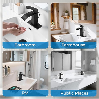 Matte Black Bathroom Faucet with Lift Rod Drain, Waterfall Bathroom Sink Faucet Modern Single Handle Bathroom Faucte 1 or 3 Hole, RV Mixer Tap Vanity Faucet Washbasin Faucet with Deck