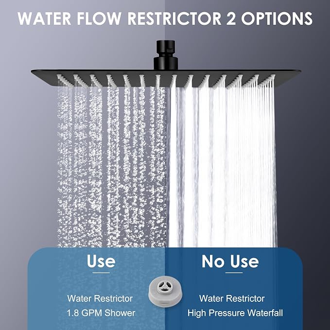 12x8 Inch Rectangle Rain Shower Head Black, All Metal Stainless Steel 304, Full Body Rainfall Shower with 112 Silicone Nozzles, Ceiling Rain Showerheads